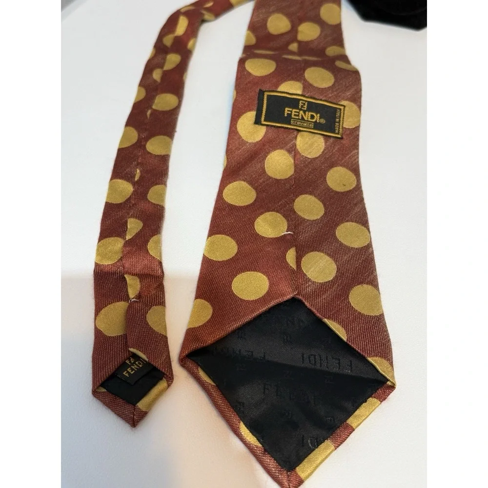 Vintage Fendi Cravatte Silk Necktie Brown Gold Polka Dot Made In Italy Tie